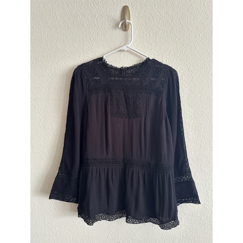 Point Sur Black Lace Trim Peplum Long Sleeve Top Blouse Boho Peasant 6